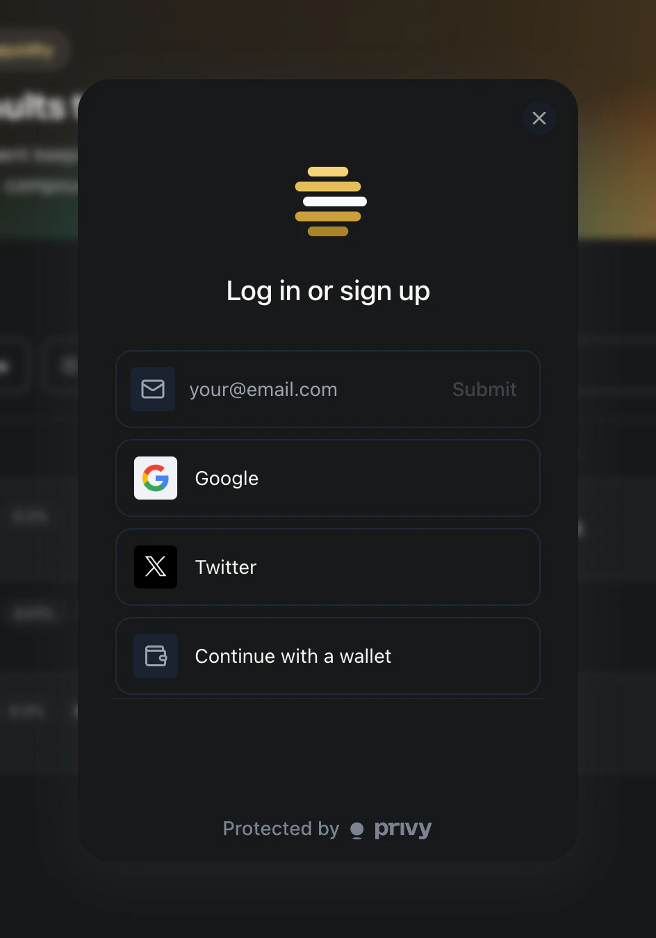 The sign-in window, with options for email, Google, X and an existing wallet