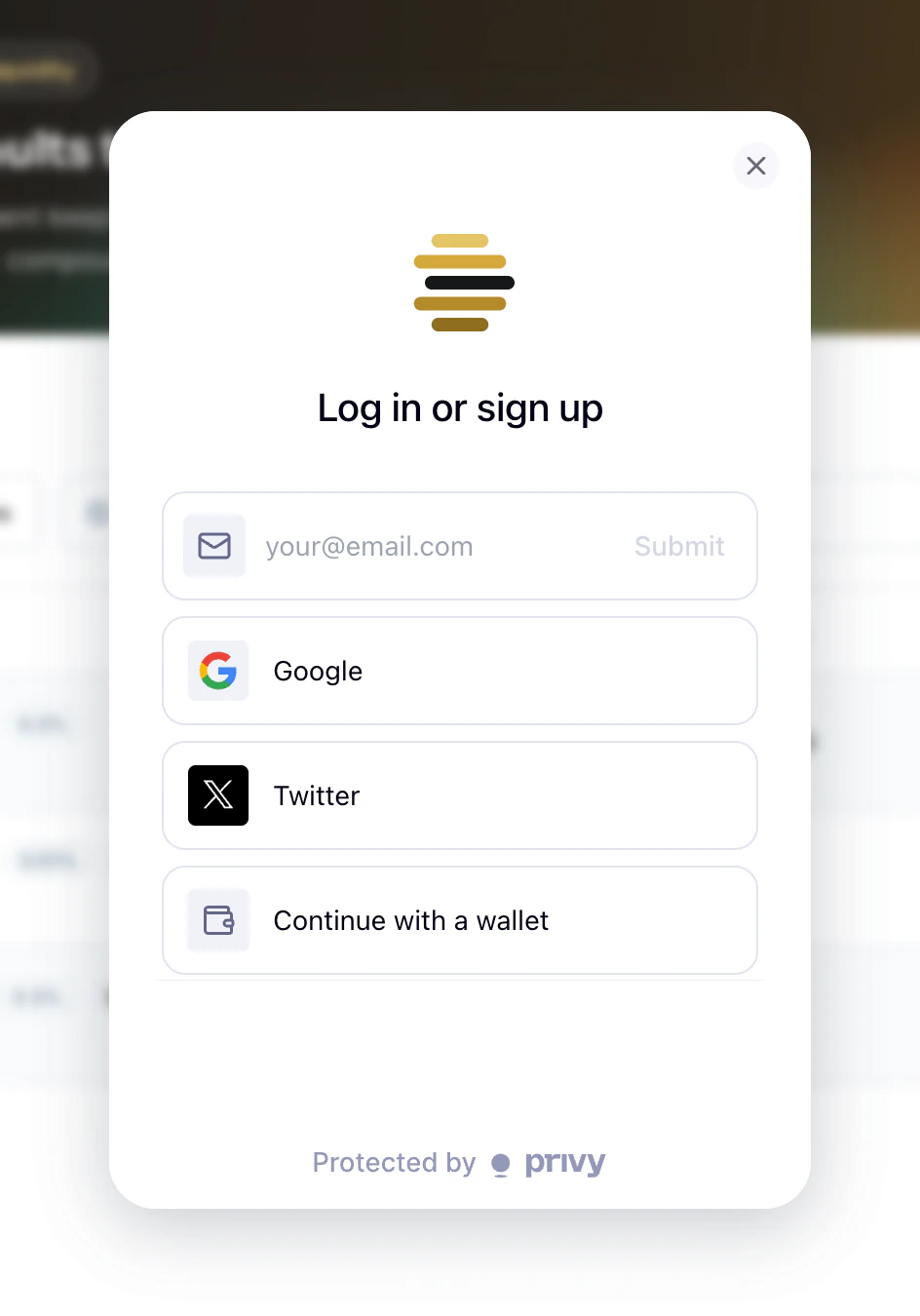 The sign-in window, with options for email, Google, X and an existing wallet