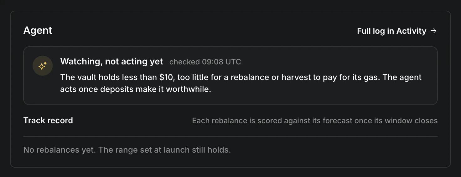 The Agent card: watching, not acting yet, because the vault holds less than $10; no rebalances yet